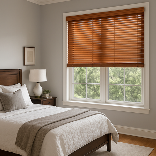 wood blinds in a bedroom